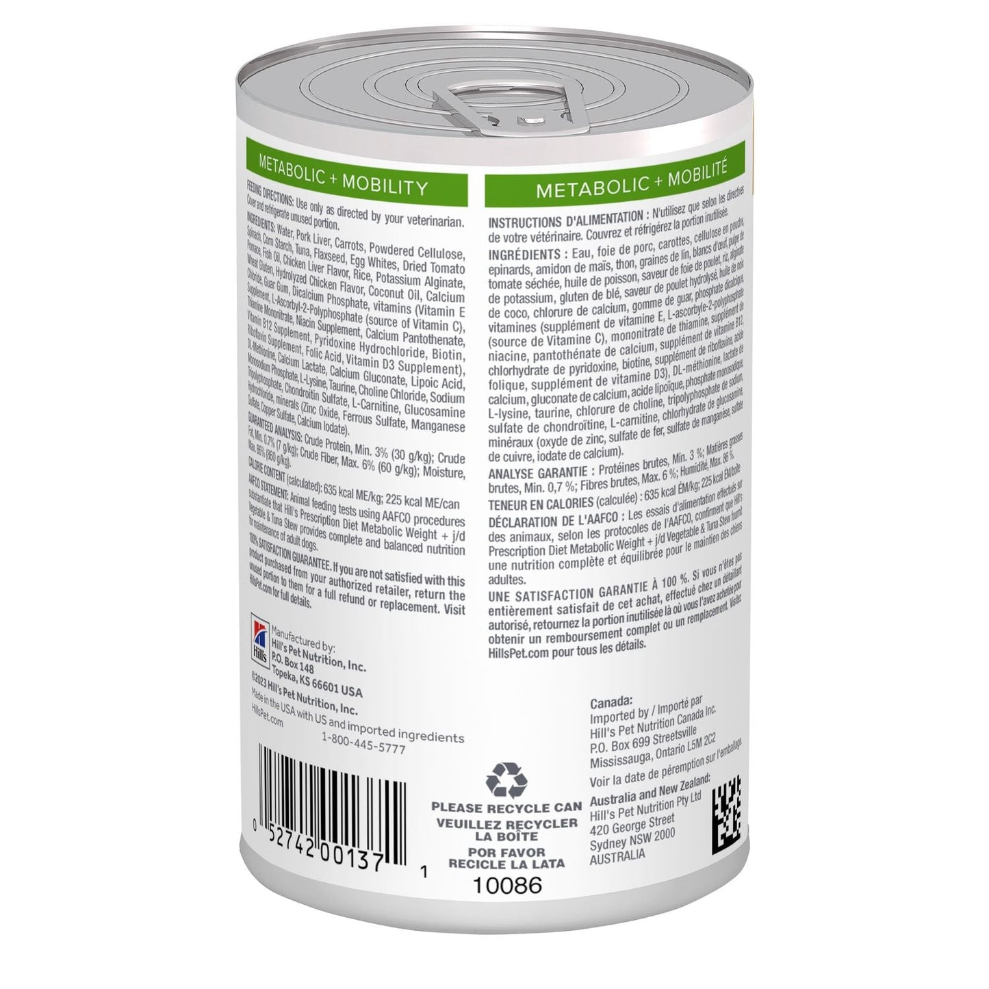 Hill's Prescription Diet Lata Metabolic + Mobility Alimento Húmedo para Perro Adulto Weight + Joint Care sabor atún & vegetales 354gr